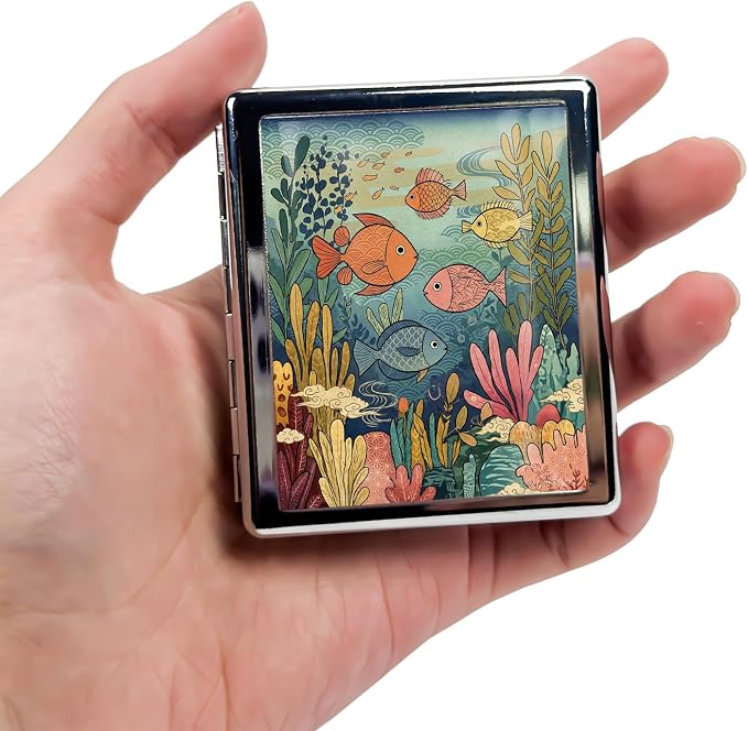 Weekly Pill Organizer, Metal Pill Box with 8 Compartments, Small Travel Pill Case for Purse Pocket, Medicine Vitamin Supplement Organizer (Ocean Fish)