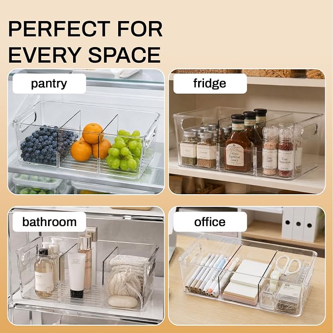 Mpotmiy 4-Pack Pantry Organizers and Storage, Clear Fridge Organizer Bins | Clear stackable plastic bins with removable dividers for packets, snacks, pouches and spices in pantry, fridge or freezer.