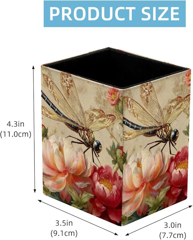 Retro Dragonfly Pen Holder for Desk Decor, Rectangular PVC Leather Pencil Cup for Desk Pen Organizer, Makeup Brush Holder for School, Home, Office