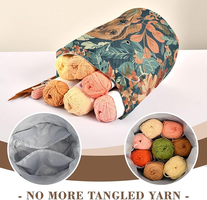 Fustylead Vintage Lovely Dachshund Dogs and Floral Knitting Yarn Storage Tote Basket, Durable Polyester Large Crochet Drawstring Bag for Crocheting Project, Sewing Supplies, Needles