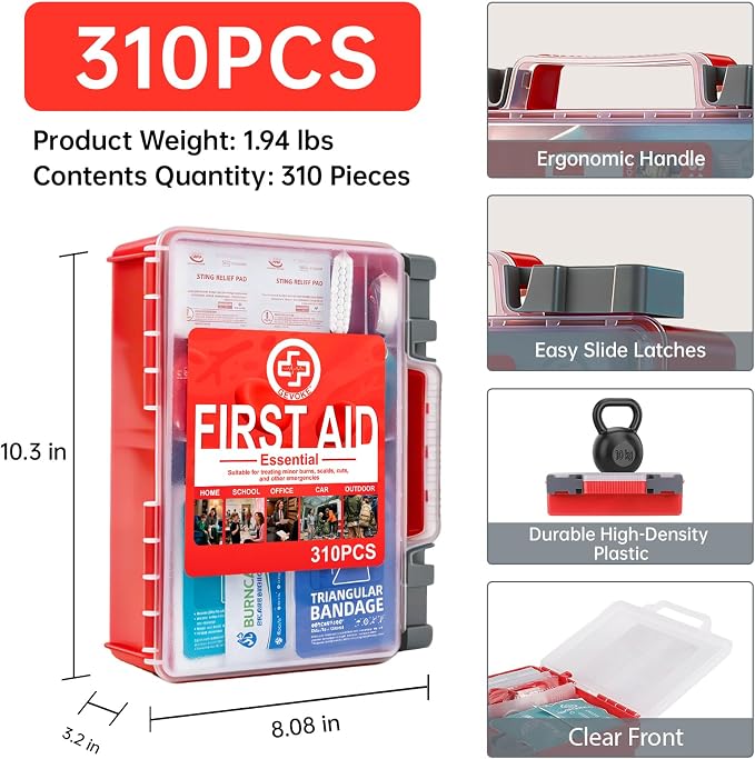 Gevoke Professional First Aid Kit, 310 Piece HardCase, Easy to Organize | Durable & Portable Case, Complete Medical Kit for Home, Car, Camping, Travel, Hiking, Truck, Office, Sports, Outdoor