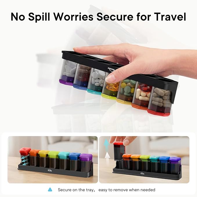 Medium-Large Weekly Pill Organizer 1 Time a Day, Multi-Colored | BPA-Free, Spill-Resistant, Detachable 1-a-Day Boxes, for Vitamins & Medication, Travel-Friendly, Velvet Pouch