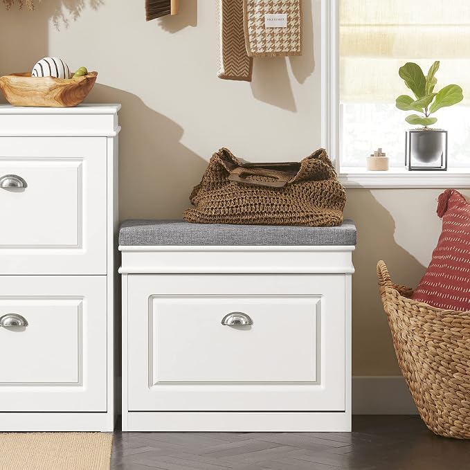 Haotian Small Shoe Cabinet for Entryway | Shoe Storage Bench with 1 Flip-Drawer and Seat Cushion, White, FSR82-K-W