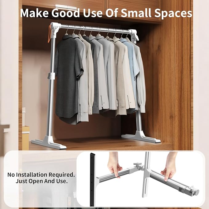 Foldable Adjustable Closet Rod20.86-35.43in Width | Aluminum Clothes Hanging Rod,Portable Drying Rack for Closet Storage RV Laundry Small Space,Tool-free installation