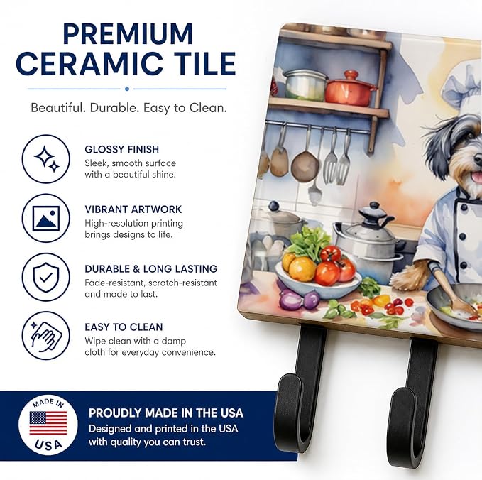 Caroline's Treasures Tibetan Terrier The Chef Leash or Key Holder Wall Hooks, Key Hooks Holder, Coat Rack Wall Mount, Coat Hooks, Hooks for Hanging Keys, Towels, Aprons, Leashes | Tibetan Terrier The Chef artwork on ceramic tile with three steel hooks ...