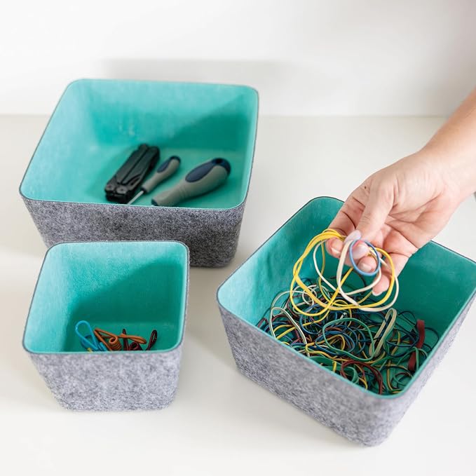 Three by Three Seattle Tapered Felt Storage Bins 2-Pack 9x9 (Charcoal/Blue) | Recycled felt tapered bins; soft non-scratch; 5"x5" fits most drawers; organize desk, office, bathroom, bedroom & entryway