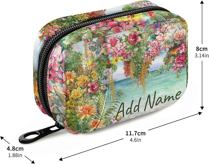 Custom Pill Box 7 Day Pill Case Bag Oil Painting Hawaii Flowers Personalized Name Travel Pill Organizer Bag with Zipper Portable Weekly Case Compact Size for Vitamin Supplement Holder