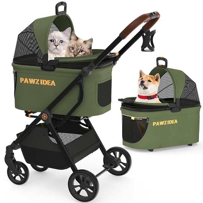 PAWZIDEA Pet Stroller 4-in-1, Foldable Cat Stroller with Detachable Carrier | Escape-Proof No-Zip Canopy, Portable Travel Crate & Car Seat Combo, for Small to Medium Dogs & Cats up 33 lbs, Storage Basket