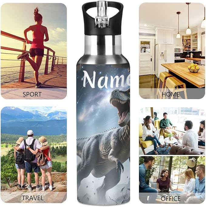 Custom Name Dinosaur Galaxy Track Wall Water Bottle with Straw Lid Kids Insulated Stainless Steel Water Flask Sports, 20 Oz Hot Cold