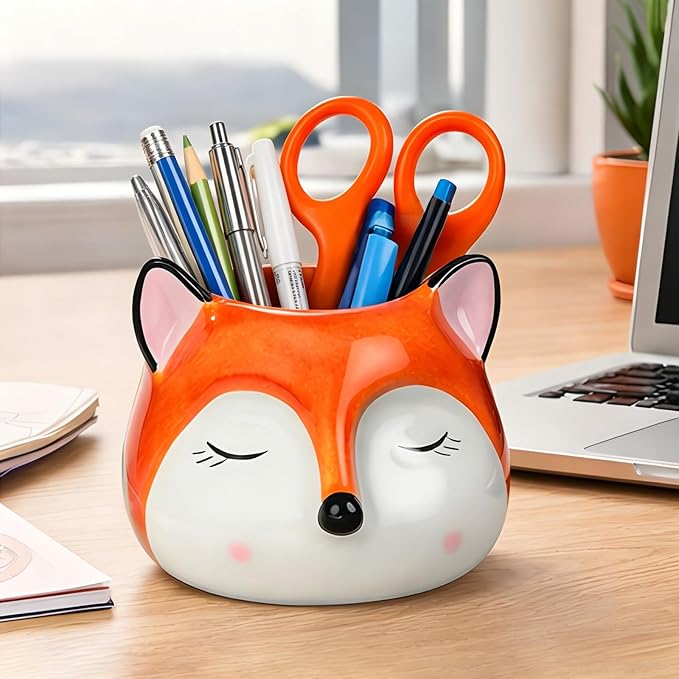 Ceramic Fox Shaped Pen Pencil Holder for Desk Decoration Accessories Fox Decor Makeup Brush Pen Cups Office School Ideal Gifts for Women, Mom or Birthdays