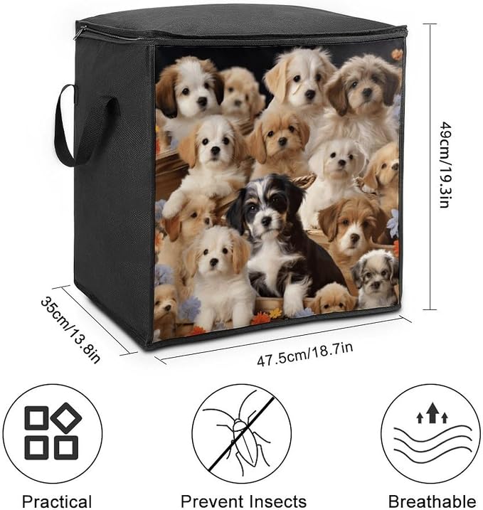Cute Pet Dogs Storage Bags Comforter Quilt Blanket Clothes with Zipper & Handles Easy to Fit King Size Comforter Set Closet Under Bed Organizer for Dorm Pillows Bedding 70L