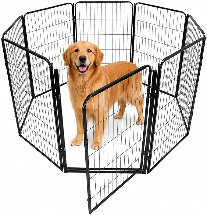 Dog Play Pen for Outdoor Use - 40'', 8 Panels for Medium and Large Size Dogs - Portable Playpen Kennel for RV, Camping, and Yard - Heavy Duty Pet Fence w/Black Rust Resistant Coating