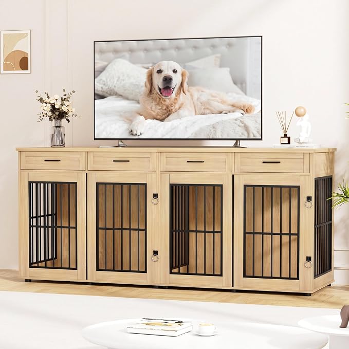 VOWNER 87"Dog Crate Furniture for 2 Dogs, Double Dog Cage Furniture,Natural | Extra Large Wooden Dog Kennel with 4 Drawer, Removable Divider, Furniture-Style TV Stand, XXL Dog Crate for Large Medium Dogs