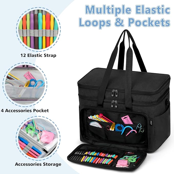 Crochet Organizer Bag with Yarn Holder, Large Yarn Storage for Accessories | 3PCS Crochet Knitting Bag with Accessory Pouch for Hooks, Needles, Travel Tote, Crochet Lovers, Gift for Crafters, No-Tangle