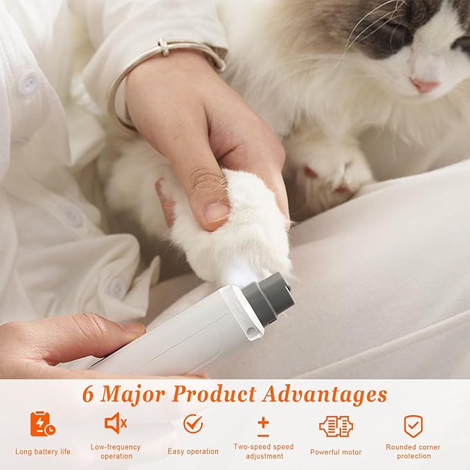Dog Nail Grinders, Electric Rechargeable Pet Nail Trimmer Low Noise with LED Light 2-Speed Mode for Large Medium Small Dogs & Cats