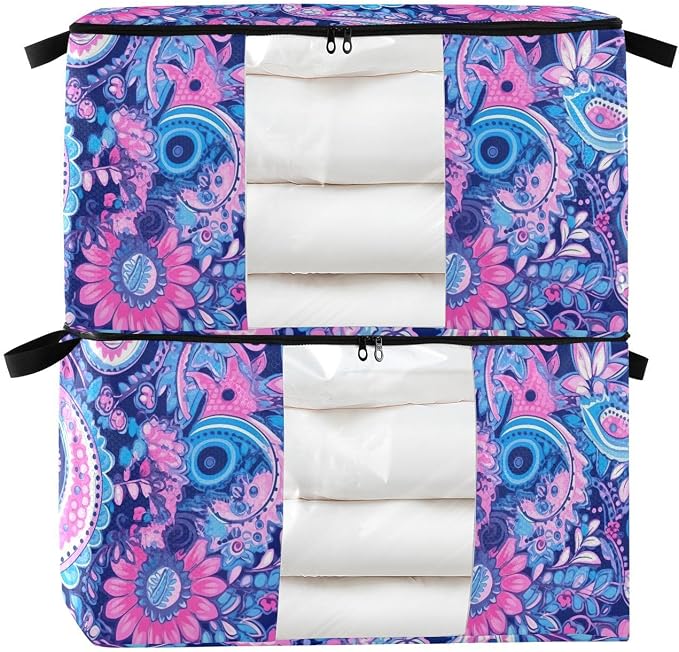 Generic Boho Paisley Flower Clothes Storage Bag Bins 2 Pack Foldable Storage Containers Large Closet Organizer with Zipper Storage Cubes for Pillows Clothing Comforters 60L, g355896746p976c1037s2357