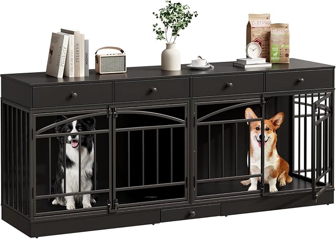 Dog Crate Furniture for 2 Dogs, Double Dog Crate TV Stand, Black | 78.7'' Large Dog Kennel Indoor, 4 Storage Drawers and Feeding Bowls, Pet Kennel for Small and Medium Dogs