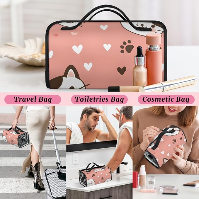 Cat Makeup Bag for Women Hanging Roll-Up Travel Organizer Toiletry Kit with 4 Removable Compartments, Cat Paws Print