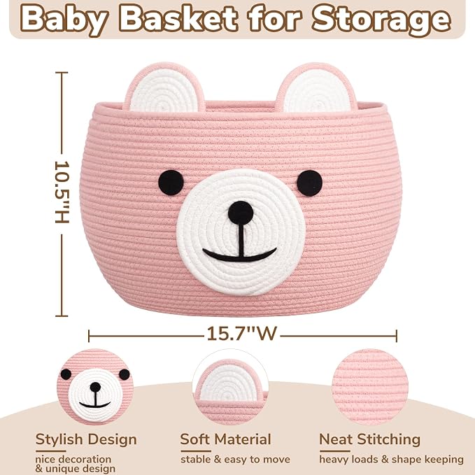 CherryNow Large Baby Basket for Gifts Empty, Cute Bear Design, Brght Pink | 15.7" x 10.5" Baby Shower Basket for Kids Boys Newborn Storage, Woven Rope Toy Basket, Fits Living Room Nursery Décor
