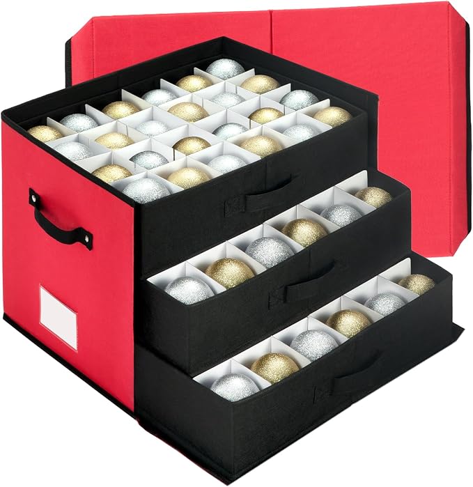 Christmas Ornament Storage Box With 3 Removable Trays for 72 Balls,RED | Ornament Storage Container Holds Up to Christmas Holiday Decorations,Adjustable Dividers for Ornament Storage by DIMESHY