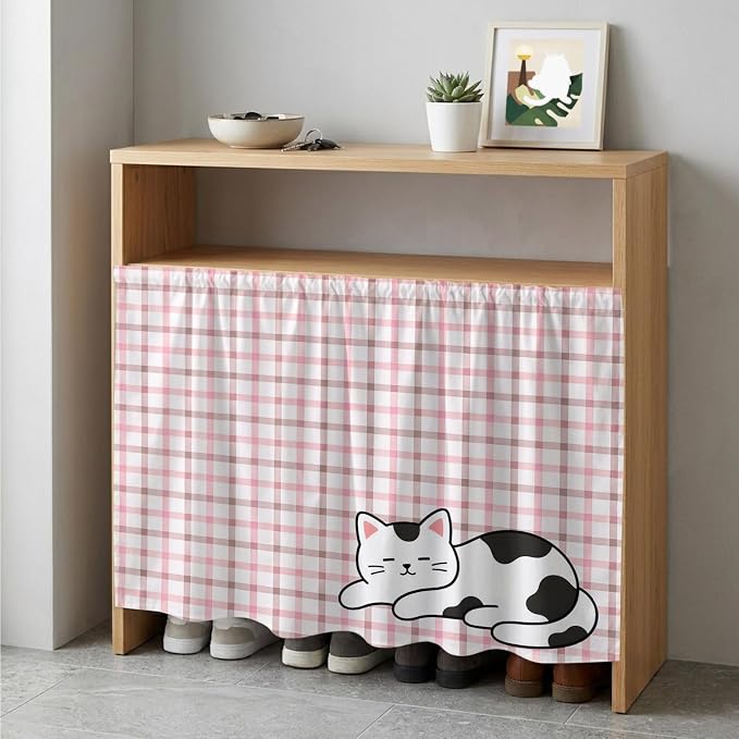 Cute Cat Cabinet Dishwasher Hidden Curtains, Privacy Closet Door Curtain, Pink Brown Checked Modern Pet Cats Rustic Adhesive Dust Proof Under Sink Skirt for Bathroom Kitchen 35"x35"