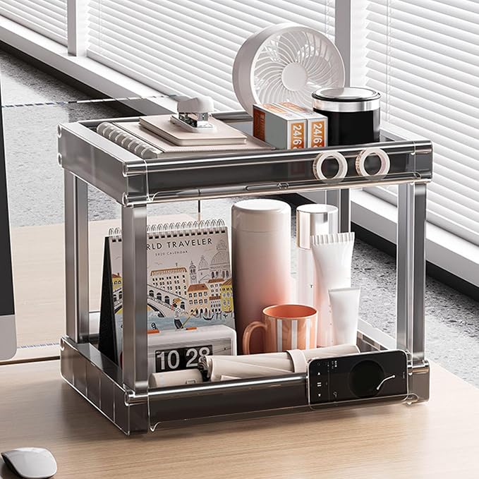 Desktop Storage Rack, Versatile Tea Bag Organizer for Coffee Bar and Makeup, High Capacity PET Cosmetic Stationery Holder with AntiSlip Pads for Kitchen and Office, Space Saving (Transparent