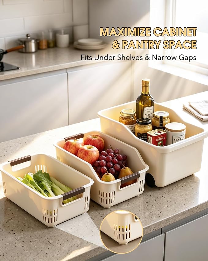 3 Pack PP Organizer with Wheeled Storage box for Kitchen Cabinet Bin | 3 pack organizer kitchen, laundry, garage at once; organizer with rolling wheels glide out from high cabinets easily