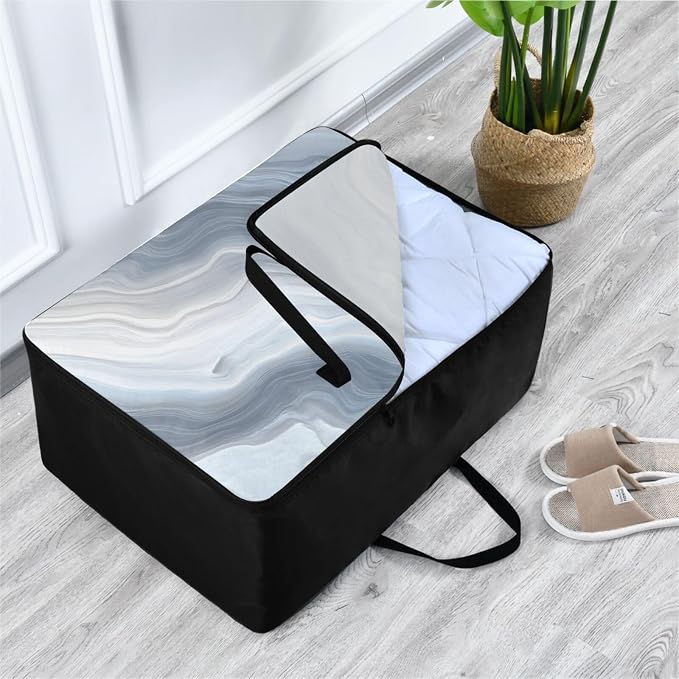Comforter Storage Bags Large Folding Blanket Organizer Bag with Strong Handles Clear Window Closet Storage Containers for Clothes King Queen Pillows Bedding Quilt Duvet Fluid Art Marble Grey