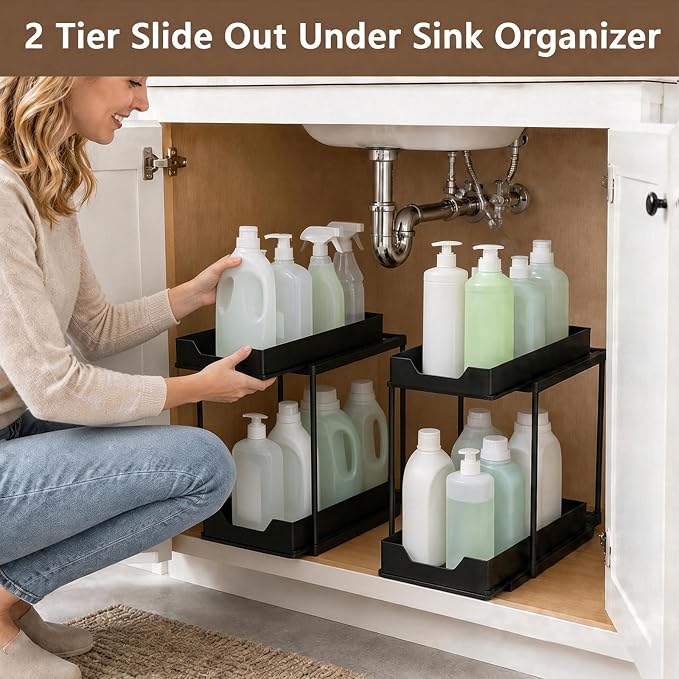 Under Sink Organizer for Bathroom & Kitchen, Large Capacity 2-Layer Sliding | Multi-purpose, 2 Tier Pull Out Sliding Drawers, Size:15.6 x 8.5 x 15.2in,Rust Resistant, Sturdy & Durable