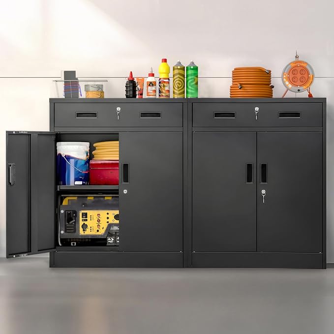 Wanfu Metal Storage Cabinet, 36" H x 28" W x 16" D Locking Cabinet with 1 Drawer and Adjustable Shelf, Metal Cabinets for Office, Garage, Home-Black