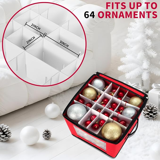DIMESHY Christmas Ornament Storage Box Holds 64 Holiday Decorations,RED | Ornament Storage Container with Two Sturdy Carrying Handles,Adjustable Dividers,Holds Up to Christmas Ornaments by DIMESHY