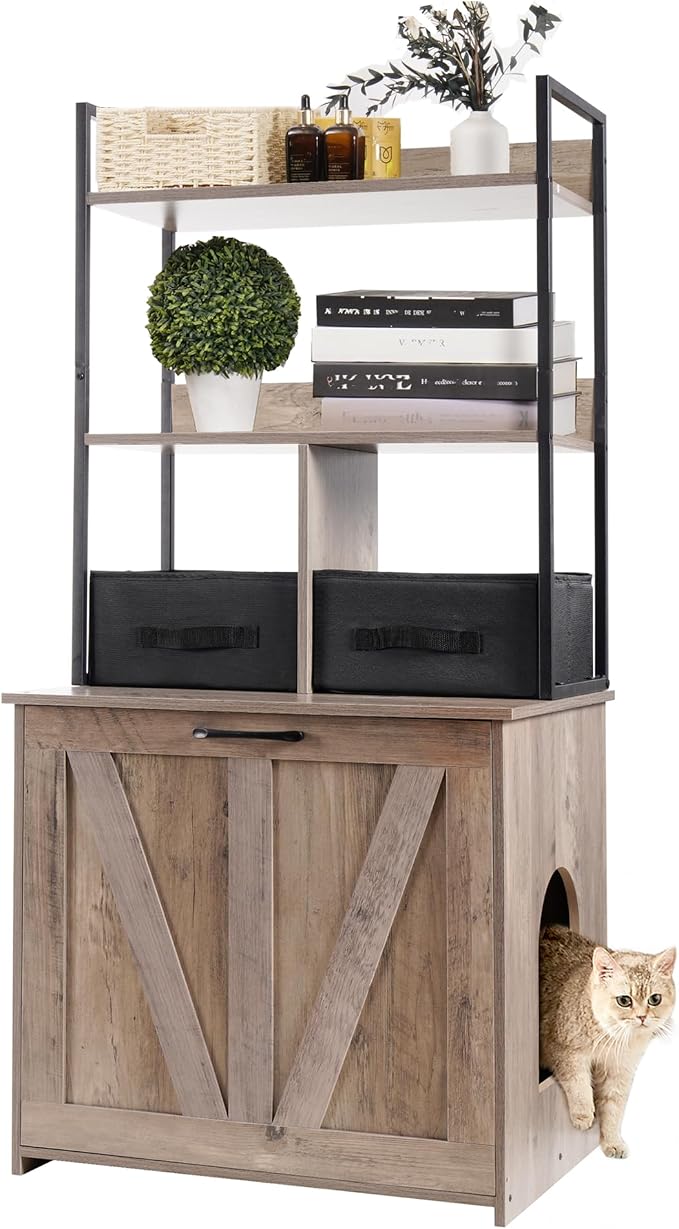 Dwanton Cat Litter Box Enclosure, 2 Storage Shelves and 2 Drawers, 50" H | 2-in-1 Hidden Cat Litter Box Enclosure Furniture with Shelf, Metal Frame, Reversible Entrance, Washable Drawers, Greige