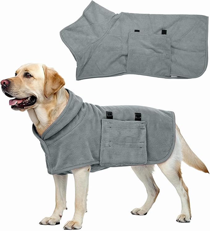 Dog Drying Coat, Dog Robes for After Bath Bathrobe Super Absorbent Towel Soft Adjustable, (M, Gray), Intended for Fast Drying Warm Keeping Pet Cats Kitten Puppies