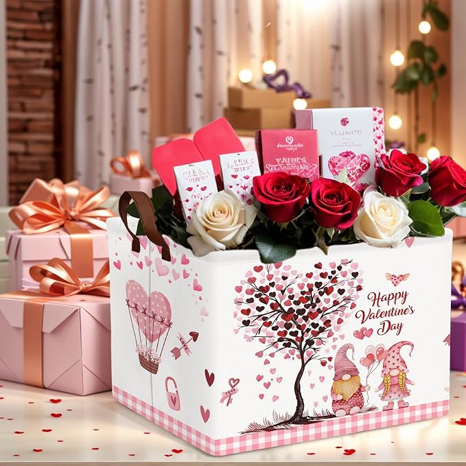 Valentine's Day Basket Gift for Empty Cute Heart Large Storage Bin for Kid and Baby Room Décor (Pink Dwarf Love Tree Hot Air Balloon)