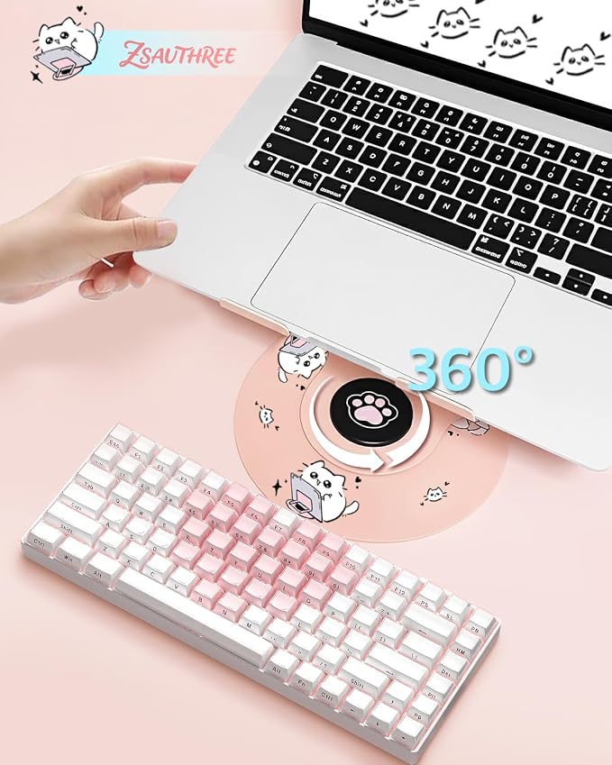 Upgraded Pink Swivel Laptop Stand - 360° Rotating Base & Foldable|Cute Cat Patterns for Healing Vibe|Fits MacBook & 13-15" Laptops|Ideal for Desk Work,Office,Travel,Home,Painting