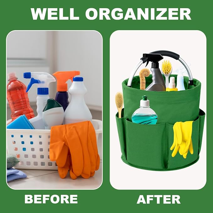 Cleaning Caddy with Handle, 17L Foldable Cleaning Supplies Organizer, Portable Storage Basket, Cleaning Supply Caddy, Multifunctional Cleaning Bucket Bag for Garden, Home, Kitchen (Green)