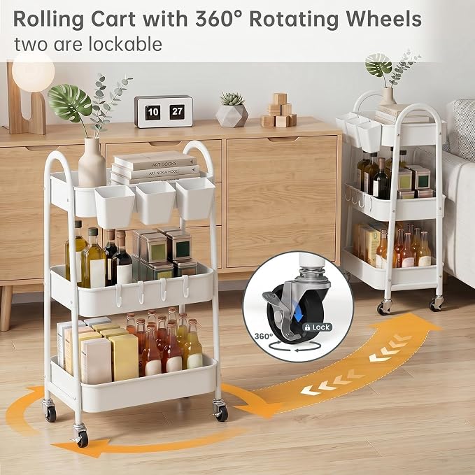 danpinera 3-Tier Rolling Cart, Utility Cart Mobile Metal Rolling Storage Cart with Lockable Wheels & Hanging Cups & Hooks for Kitchen, Bathroom, Office, Workshop, White