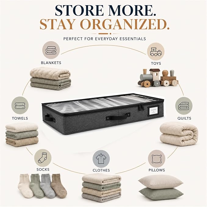 HOMELUX THEORY Under Bed Storage, Low Profile 2pc with Lid, Dark Gray | Slim fit for low-clearance beds & couches, Fits seasonal clothes, blankets & shoes, Bins with lids, Space-saving storage