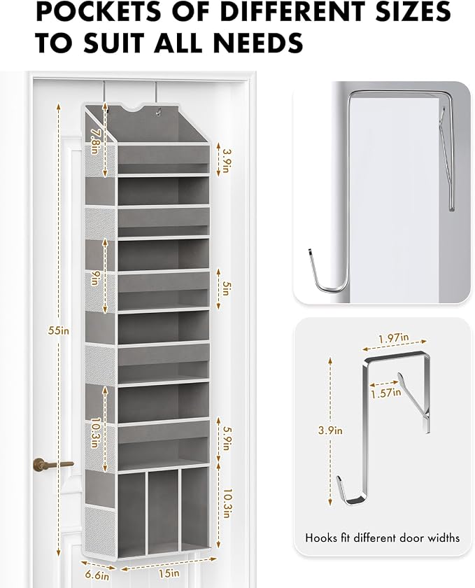 Over The Door Organizer, 6-Shelf Hanging Door Storage for Bathroom | 50lb Load Grey Behind the Door Organizer for Bathroom Closet Nursery Pantry Bedroom Laundry Dorm Small Room