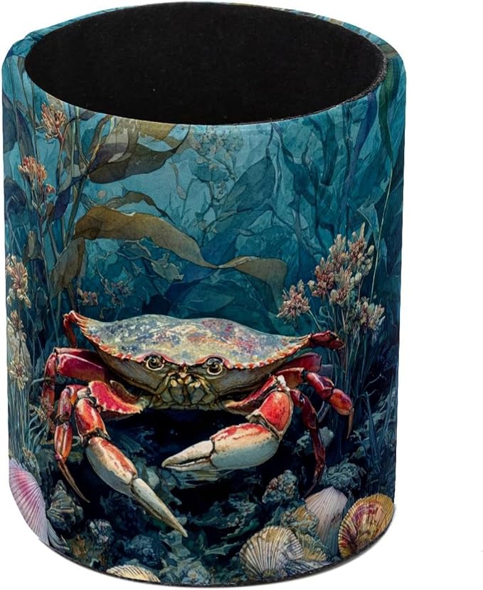 Faux Leather Pen Holder for Desk, Pencil Organizer Crab Pen Cup Desk Decor Makeup Brush Holder Storage for Office Home