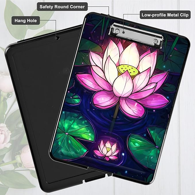 Pink Lotus Flower A4 Clipboard with Storage Pen Holder, Clipboards Organizer Nursing Clipboard Foldable File Folder Plastic Clipboard Folio Clip Board for Office Students Classroom Doctor