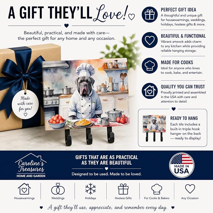 Caroline's Treasures Neapolitan Mastiff The Chef Leash or Key Holder Wall Hooks, Key Hooks Holder, Coat Rack Wall Mount, Coat Hooks, Hooks for Hanging Keys, Towels, Aprons, Leashes | Neapolitan Mastiff The Chef artwork on ceramic tile with three steel ...