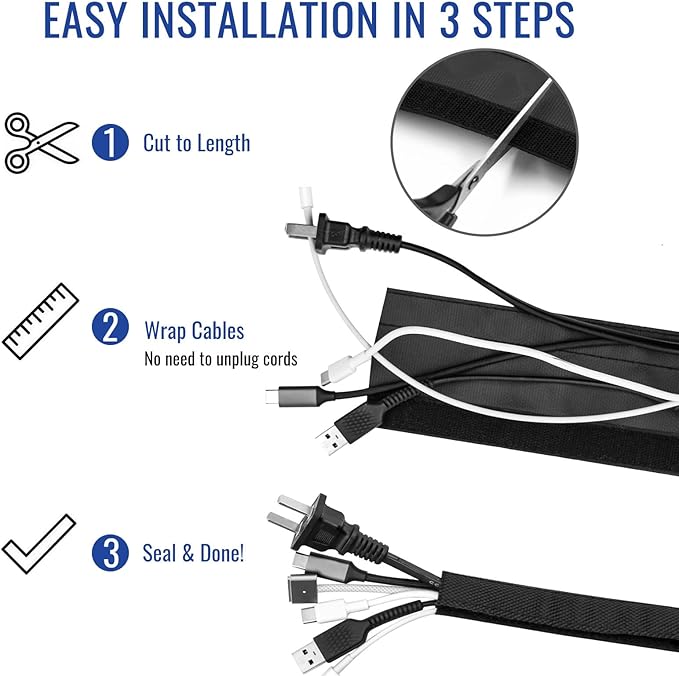 1/2" - 6.6 Ft Dog/Cat Cord Protector, Hook and Loop Cable Sleeve | Cable management sleeve; Reversible, flexible & cuttable; Split wire wrap for TV, USB, audio, computer and automotive; Black