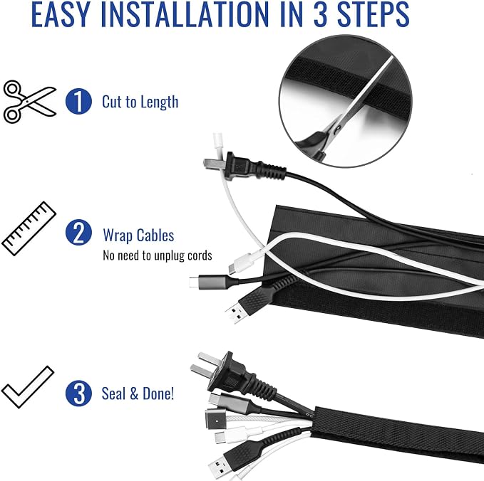1" - 6.6 Ft Dog/Cat Cord Protector, Hook and Loop Cable Sleeve | Cable management sleeve; Reversible, flexible & cuttable; Split wire wrap for TV, USB, audio, computer and automotive; Black