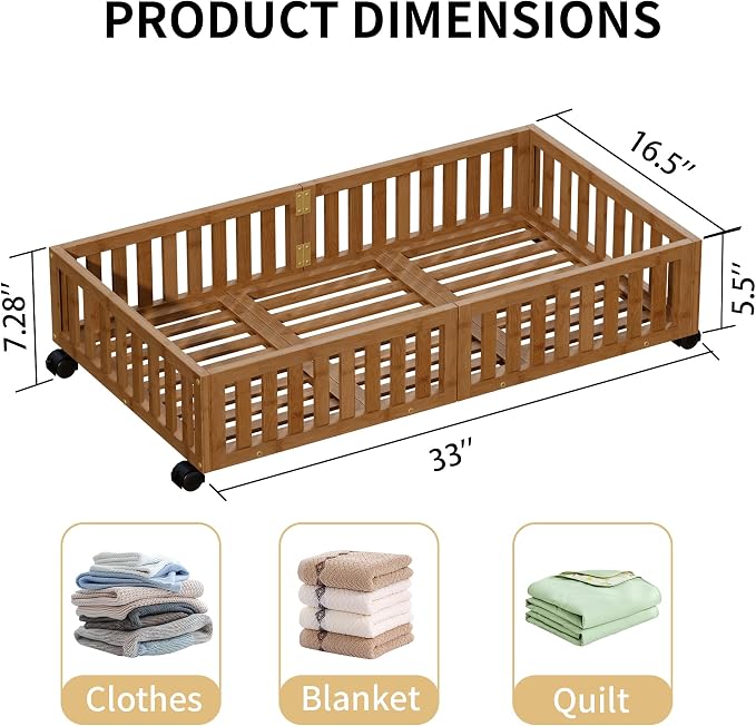 Under Bed Storage with Wheels, 2 Pcs Bamboo Drawers for Clothes and Toy | 360° wheels glide smoothly. Sturdy bamboo frames hold clothes, shoes, bedding and toys. Easy pullout access keeps rooms tidy