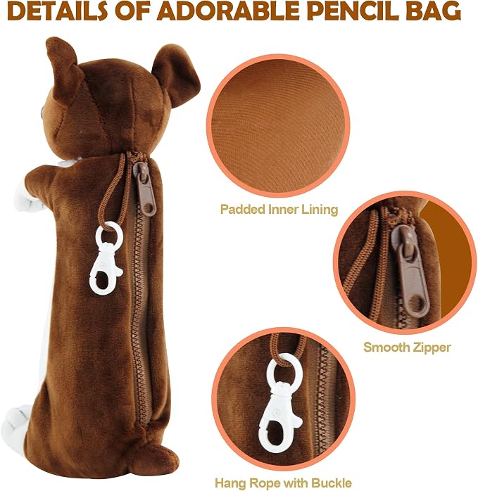 BB FUN HOUSE Pencil Case for Kids, 3D Plush Animal Dog Dinosaur Pencil Pouch Soft Stationery Storage Pen Bag for Girls and Boys School Supplies
