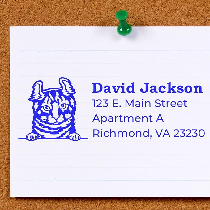 Peeking Highlander Cat Wood Handle Address Stamp - Custom Stamp for Mail | Any standard pad works. Custom Rectangular Address Stamp for Animal Lovers. Highlander Cat Address Stamper.
