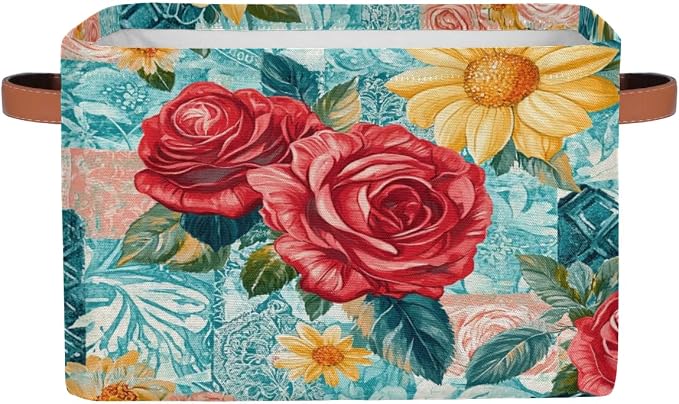 Teal Rose Floral Storage Baskets with Handles Fabric Storage Boxes Collapsible Nursery Basket for Shelf Book Cloth 15 X 11 X 9.5 IN Closet Organizer Bins