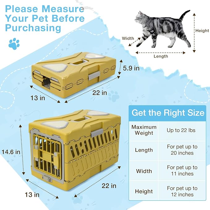 Collapsible Cat Carrier Hard, Plastic Hard-Shell Pet Carrier Travel | Front Door with Double Squeeze-Latch System, 4-Sided Ventilation, Fits Pets Up to 22 lbs, Size 22"L x 13"W x 14.6"H