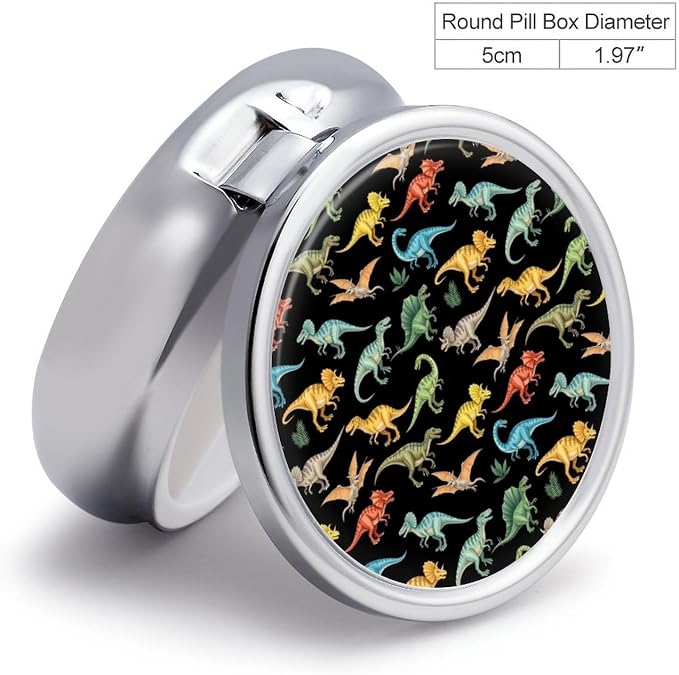 Round 3 Compartment Pill Box with Mirror Cute Dinosaur Design, Portable Metal Pill Case for Purse Pocket Vitamin Storage